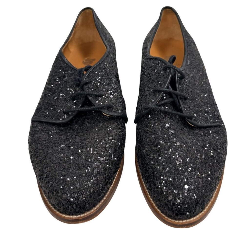 BOBBIES Paris Glitter Oxford Shoes 6.5 (37 EU) Black Sparkle Derby Womens Flats